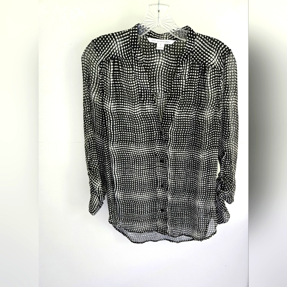DVF Harlow Optic Plaid Silk Black White Blouse From Revolve - Picture 2 of 2